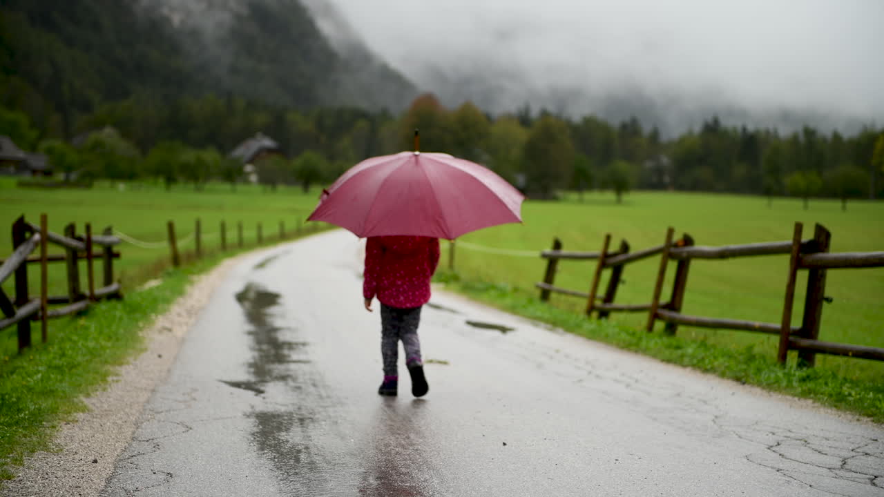 Little girl with umbrella slowly walking in rain on country road, farmhouse in background, alpine valley, from behind facing away