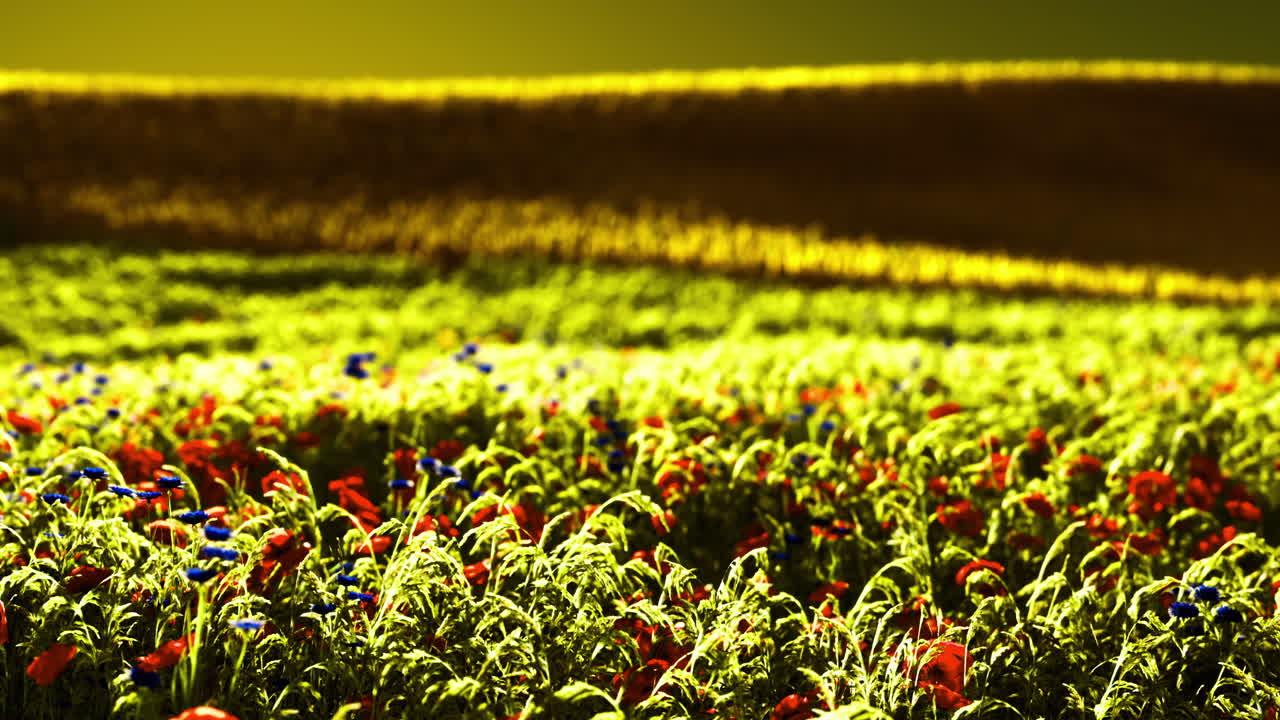 Vibrant wildflower field under bright sunlight during golden hour