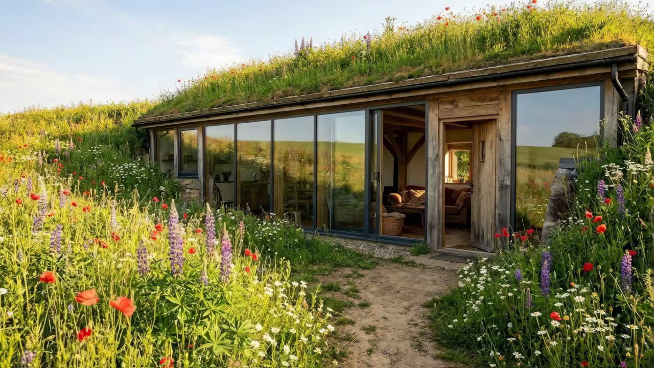 Casa ecologica con tetto verde e prato di fiori selvatici