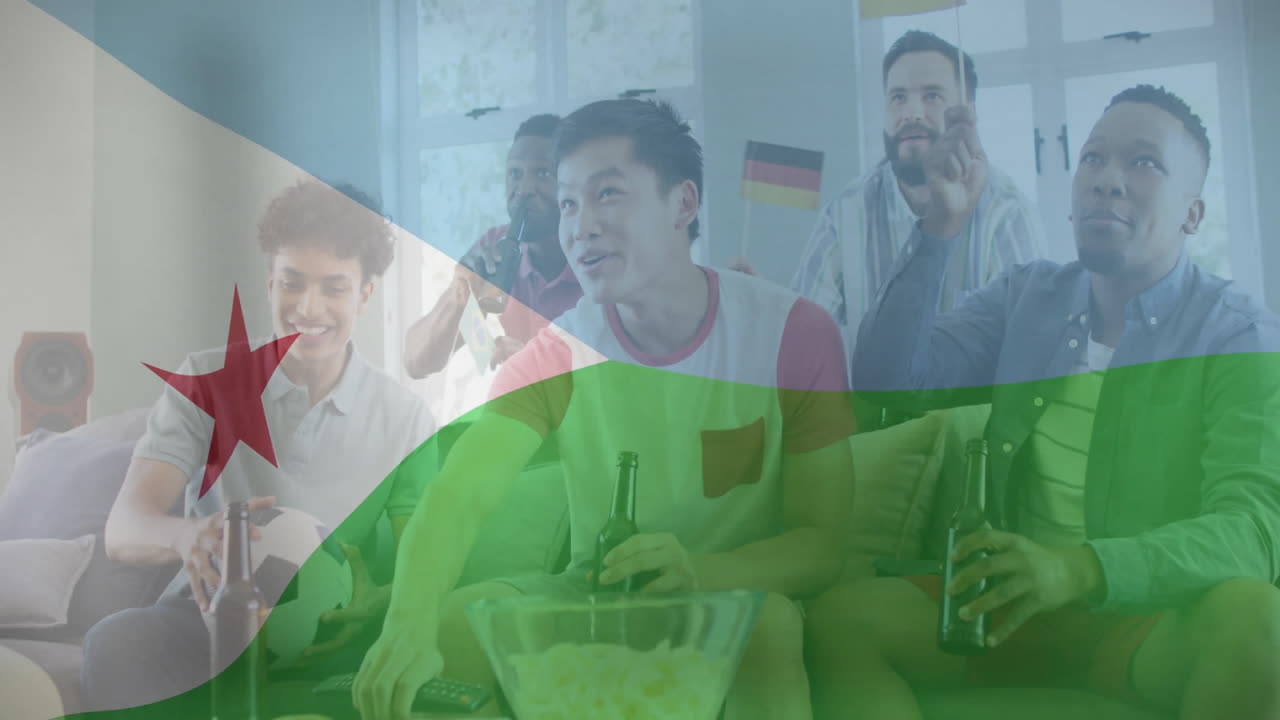 Watching TV, group of friends with Djibouti flag animation in living room