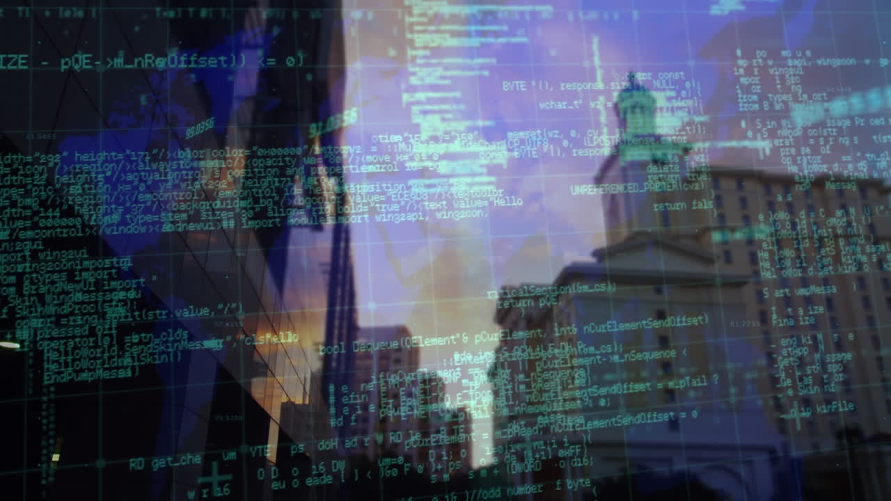 animación del procesamiento de datos sobre el mapa del mundo contra la vista de ángulo bajo de edificios altos.