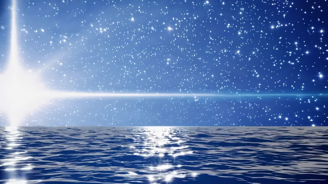 A serene video scene of a starry night sky reflecting on calm ocean waters