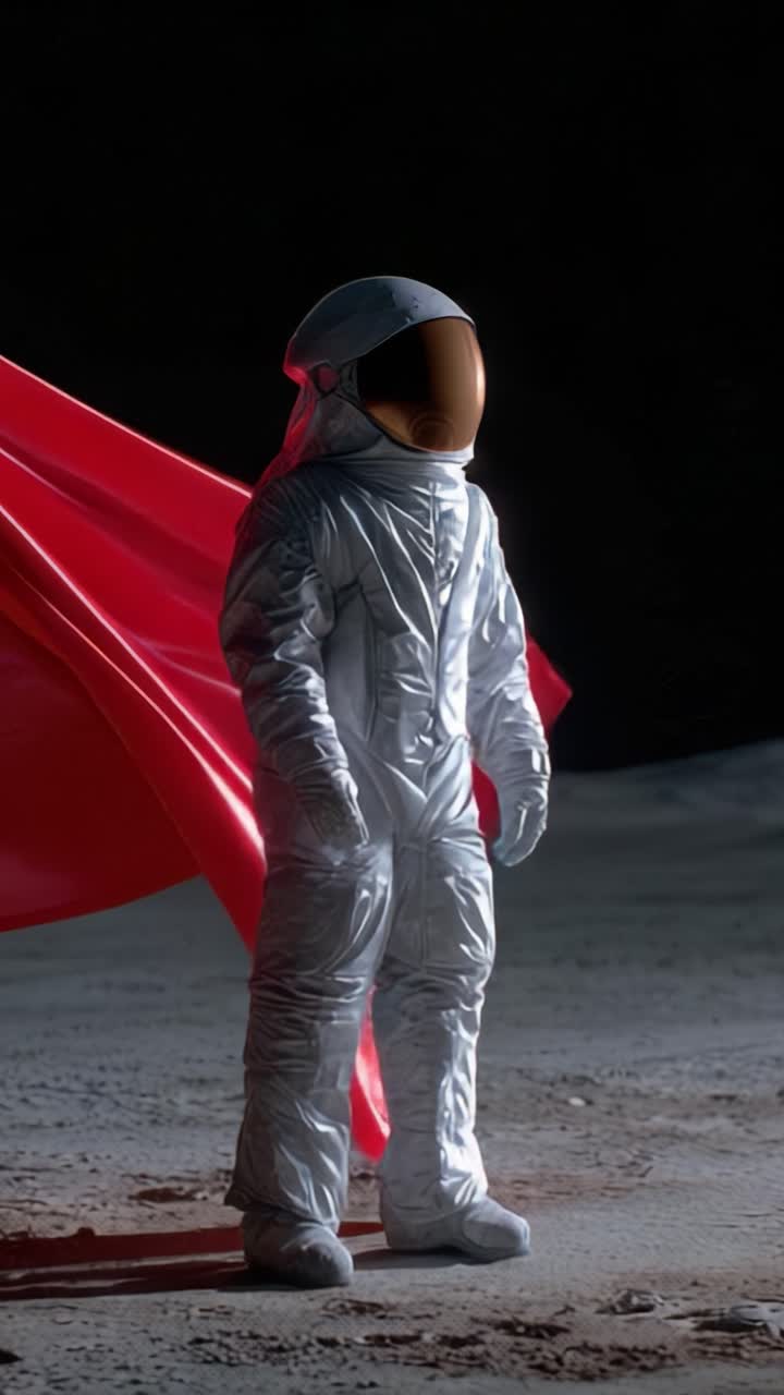 Un audaz astronauta con un elegante traje plateado se yergue con confianza en la superficie lunar, adornado con una vibrante capa roja, encarnando el espíritu de aventura y exploración.