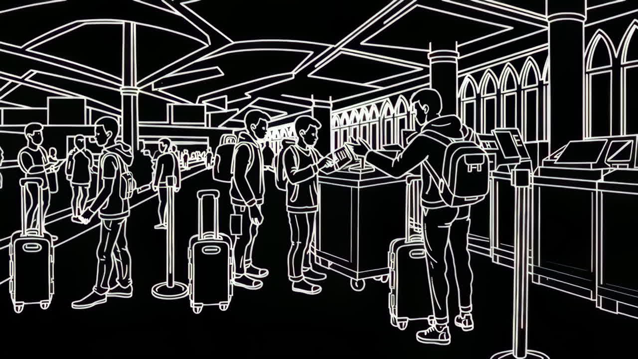 Black and White Line Art Illustration of Travelers at an Airport