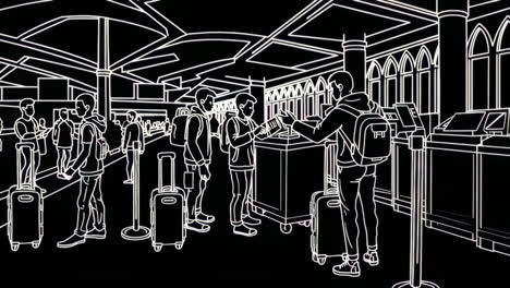black and white line art illustration of travelers at an airport