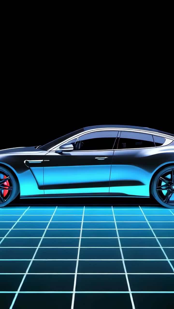 Vertical video: Activating neon grid showcasing sports sedan with holographic wireframe in showroom