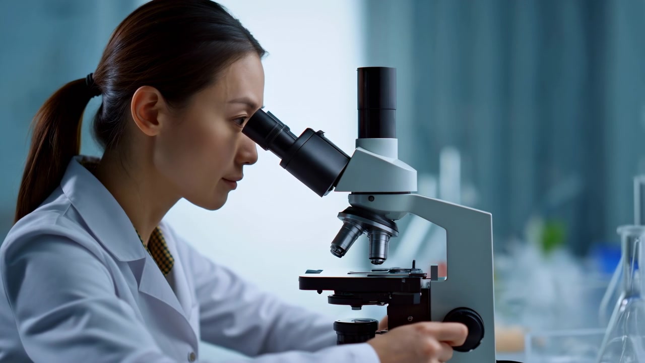 Une vue latérale montre une femme regardant à travers l'oculaire d'un microscope tandis que sa main ajuste la mise au point, avec une lame d'échantillon sur la platine, des flacons de laboratoire à l'arrière et un éclairage bleu doux et frais.