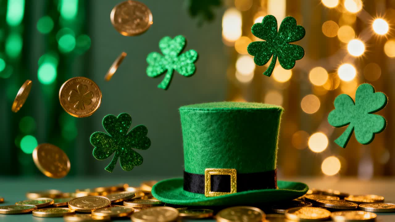 Tumbling gold coins and shamrock cutouts falling from left toward green hat on table, accumulating