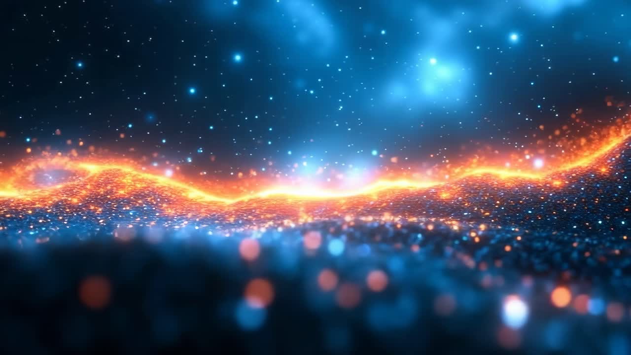 Glowing landscape with bright sparks. Glowing particles illuminate a cosmic landscape, blending hues of blue and orange in a mesmerizing display of light.