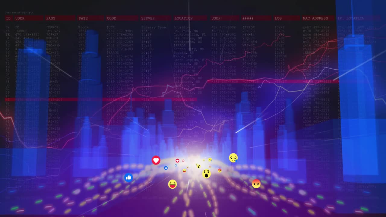 Animation von Emojis und sich bewegenden Lichtspuren über leuchtenden blauen Gebäuden auf dunklem Hintergrund.