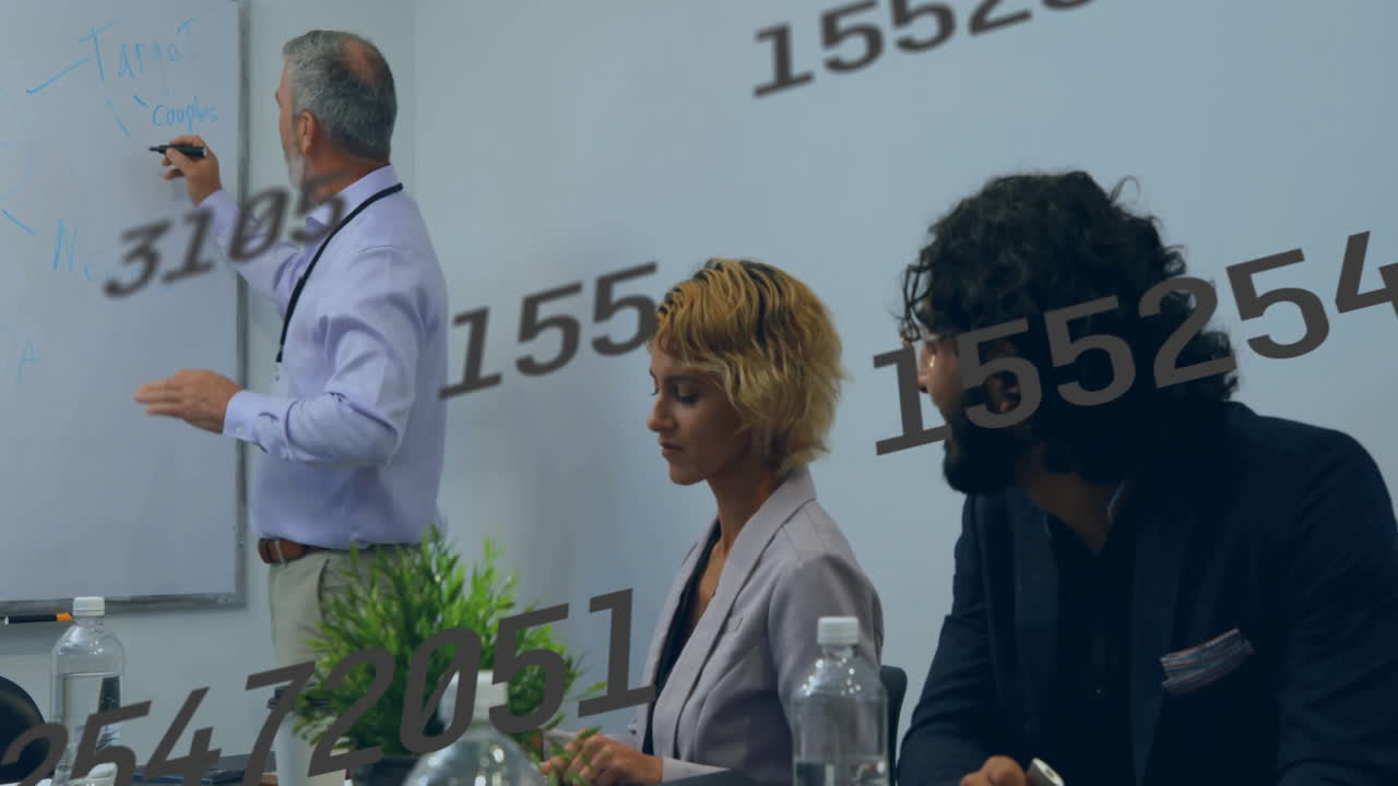 Animation of numbers processing over diverse business people in office