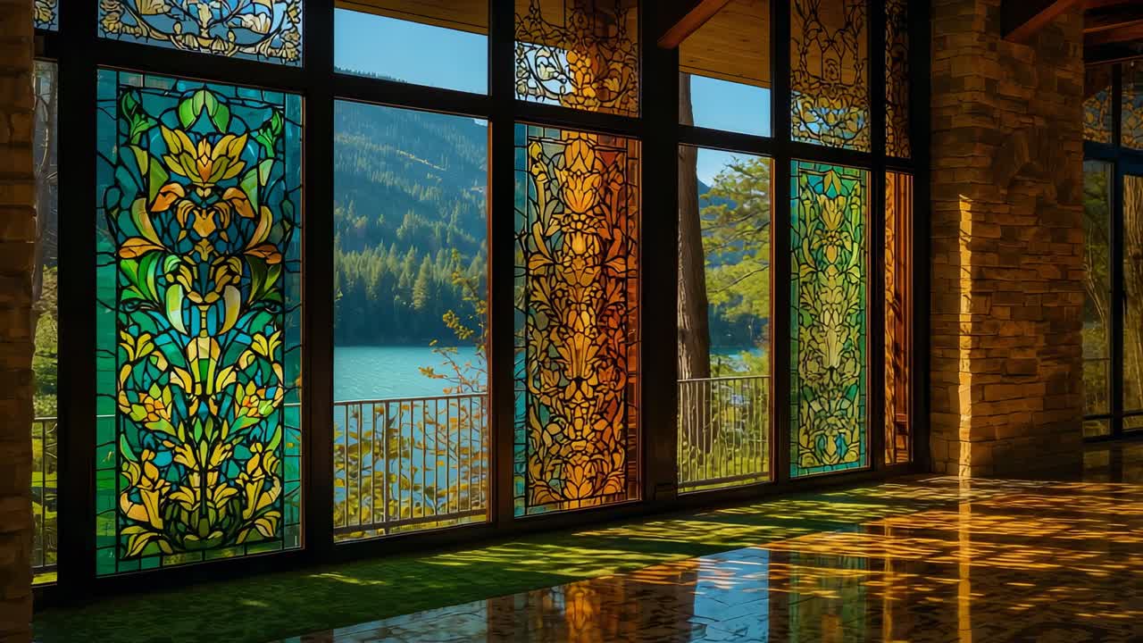 Shifting sunlit rays casting stained glass reflections across glossy wood floor in lakeside cabin