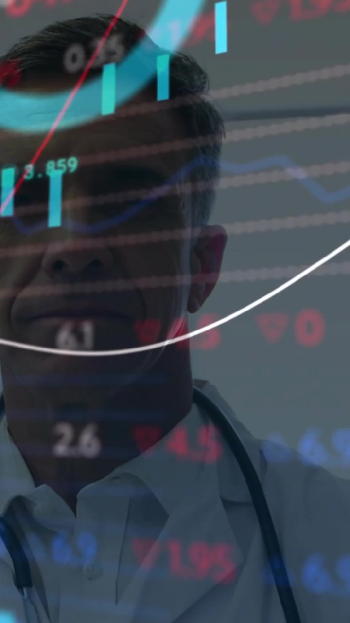 Vertical video: MD facing finance overlay appearing with bars over face and torso showing health