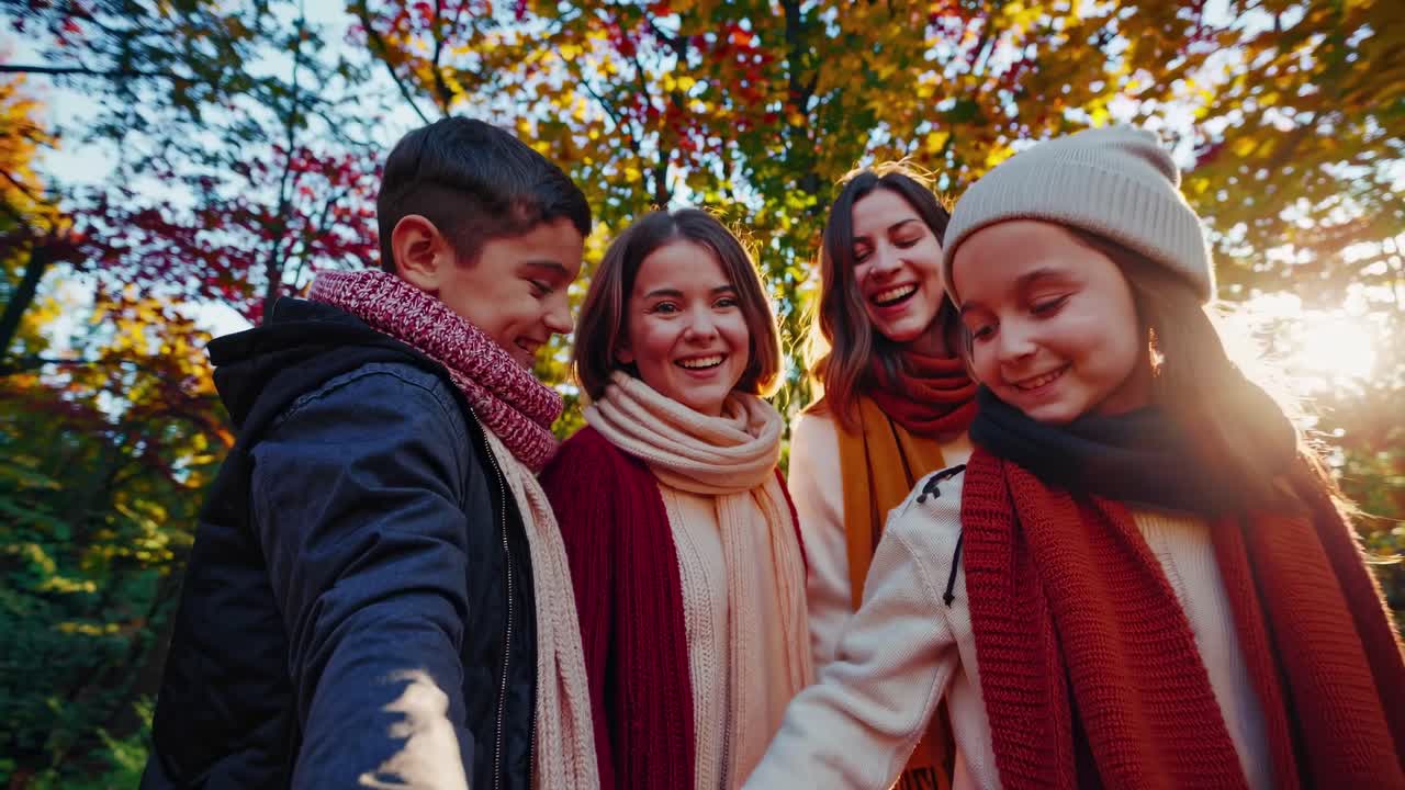 Group of friends in cozy autumn attire, captured in a candid, low-angle video shot