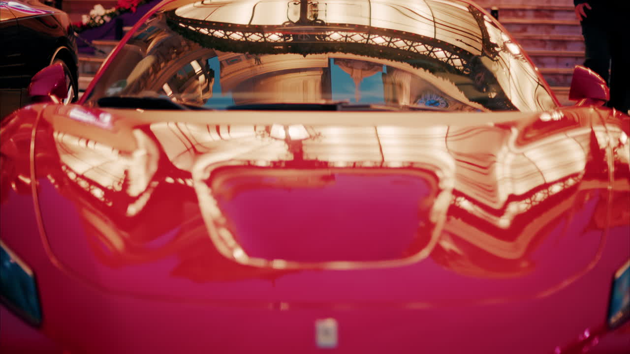 Close up of a red car in the courtyard of the Monte Carlo Casino in Monaco, decorated for Christmas in the evening