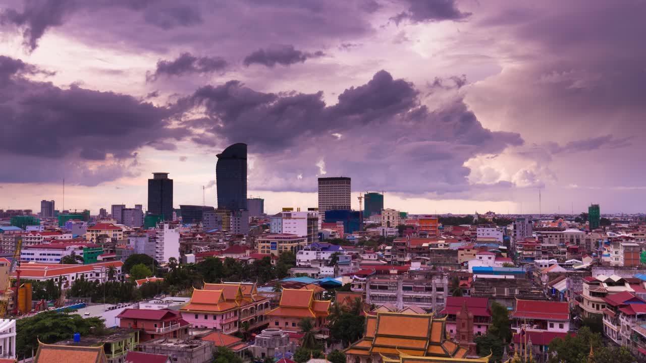 Phnom Penh Cityscape - clouds - old and new with pagodas in foreground