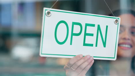 Door-open-sign,-smile-and-restaurant-woman