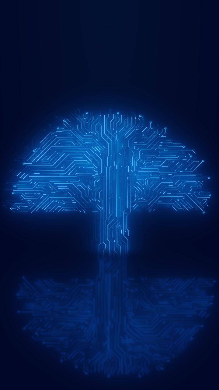 Blue circuit brain technology background glowing neural paths electronic tree shape ai atmosphere