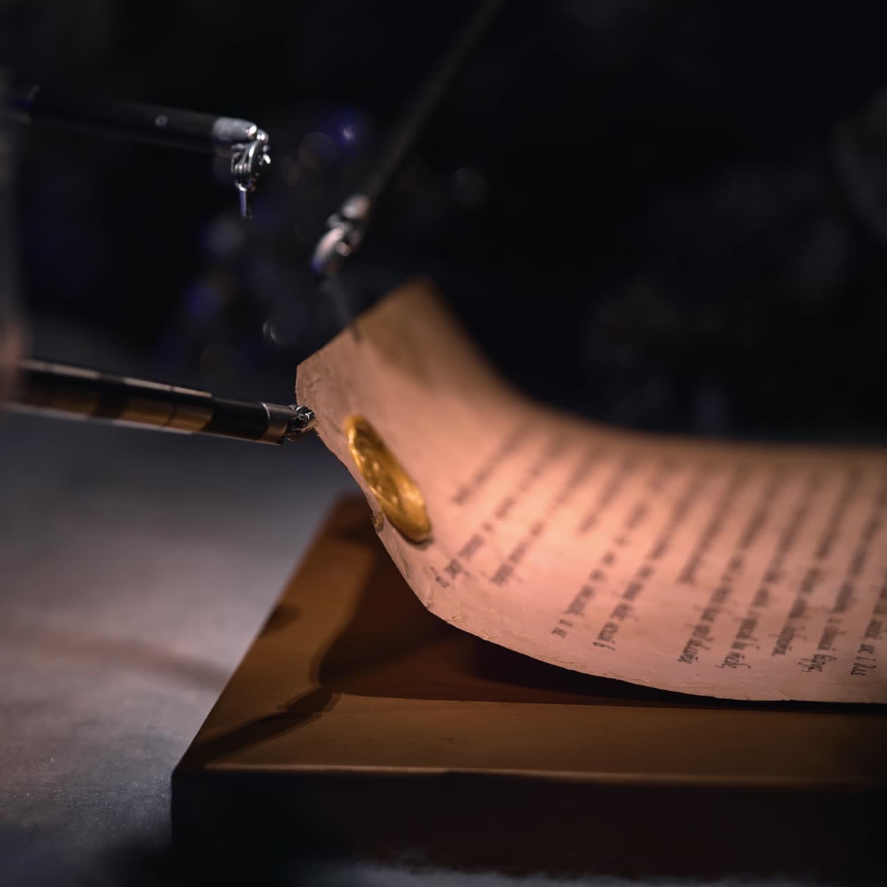Da Vinci metal forceps take and fold the letter with a seal. Innovative robotic equipment work demonstration in modern surgery room. Dark backdrop. Close up