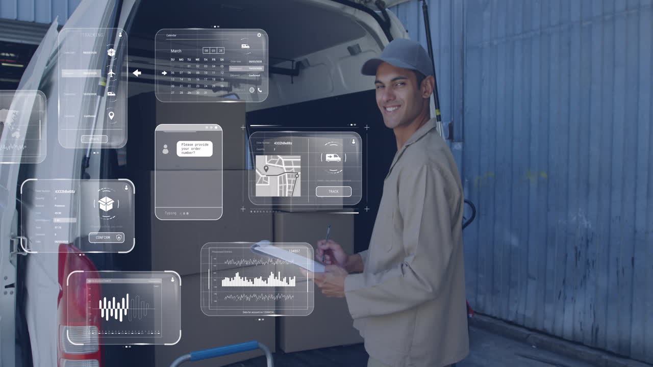 animación de datos en las pantallas sobre el repartidor caucásico