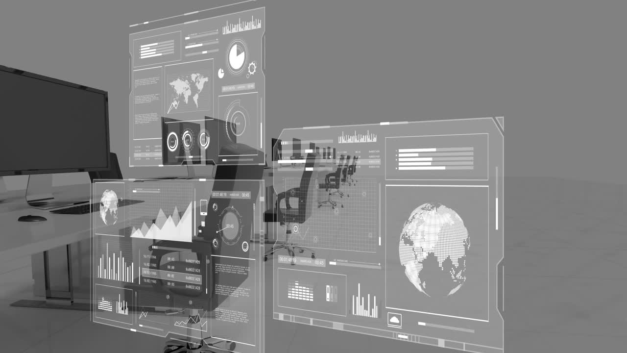 animación de globo, mapa, gráficos, radar, barras de carga sobre sillas y escritorios desocupados en la oficina.