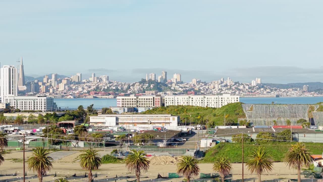 A static aerial view of Treasure Island after sunrise. Shot on a DJI Air 3S.