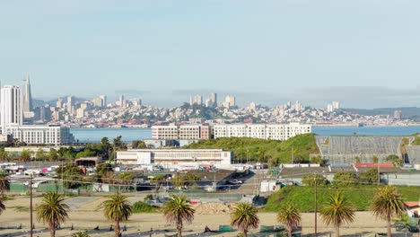 a static aerial view of treasure island after sunrise. shot on a dji air 3s.