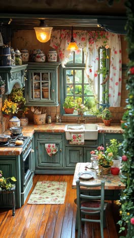 charming rustic kitchen filled with plants and floral decor