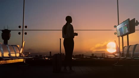 full body back view of asian woman with rolling suitcase in boarding lounge of airline hub, waiting for flight looks at the ticket, airport terminal with airplane takes off outside the window