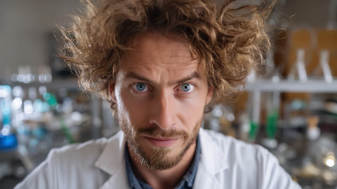 Scienziato concentrato e appassionato di sperimentazione in laboratorio, con capelli in disordine e accattivanti occhi azzurri, che dimostra una passione per la ricerca e la scoperta