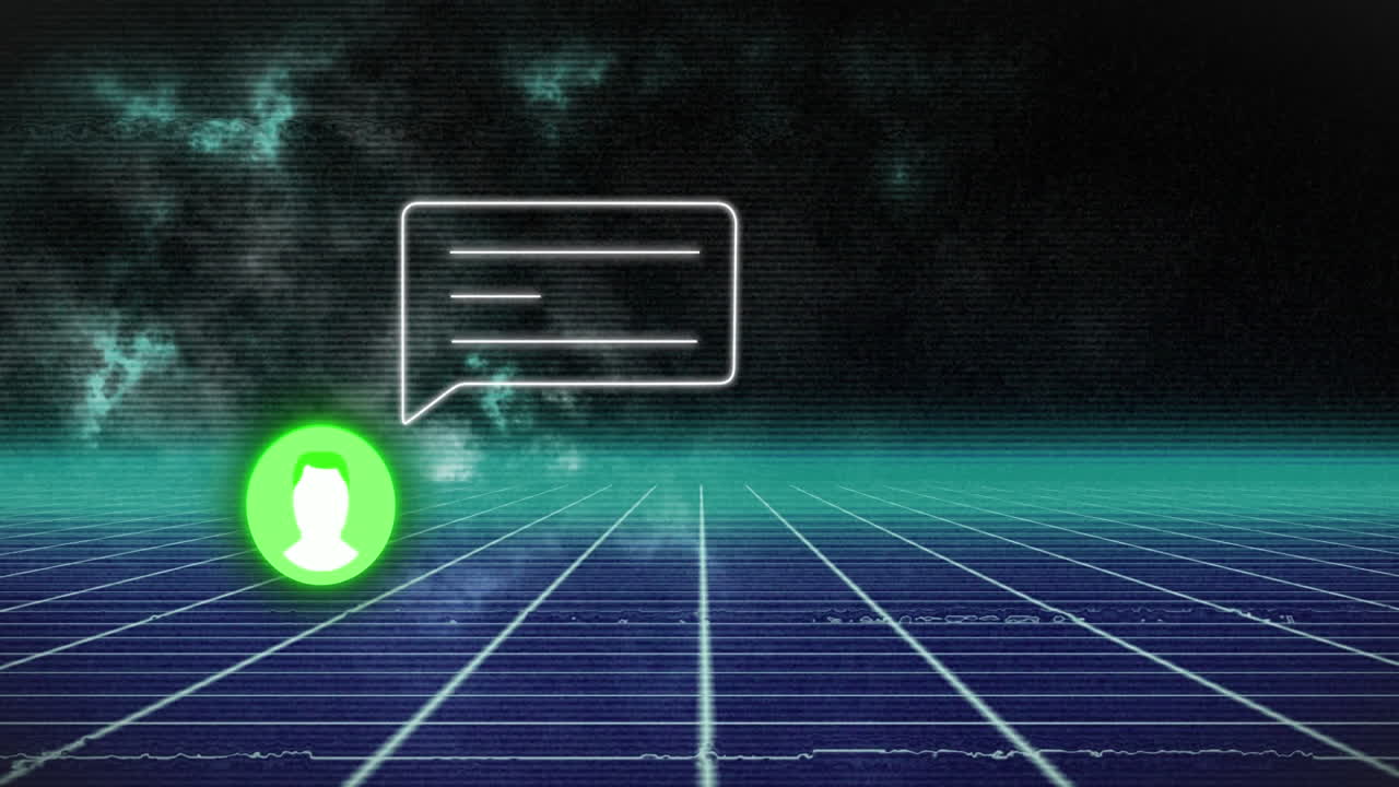 검은색 배경의 그리드 패턴 위에 프로필 아이콘과 음성 버블의 애니메이션