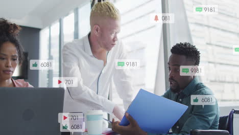 Animation-of-multiple-notification-bars-over-diverse-coworkers-discussing-reports-in-office