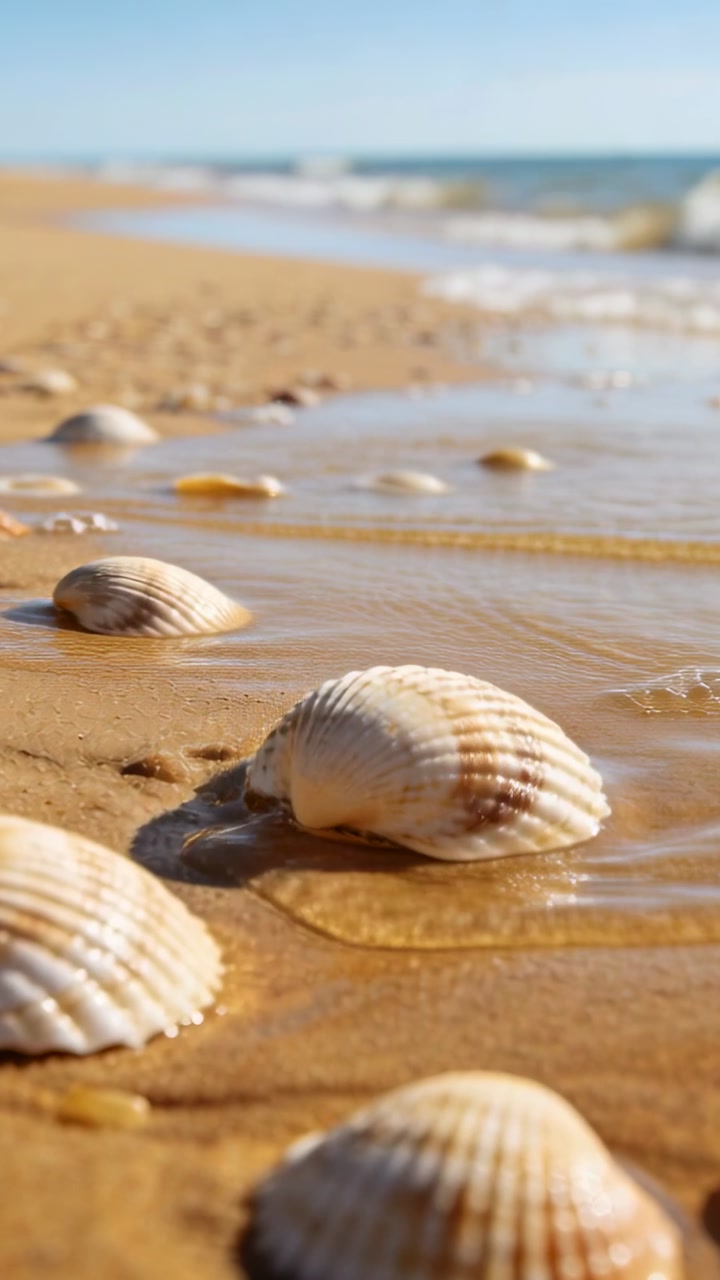 Vertical video: Glinting ridged seashells resting on wet sand at shoreline, small wave approaching