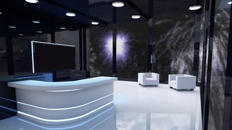 animation of modern interior with white christmas and new year fireworks exploding in night sky