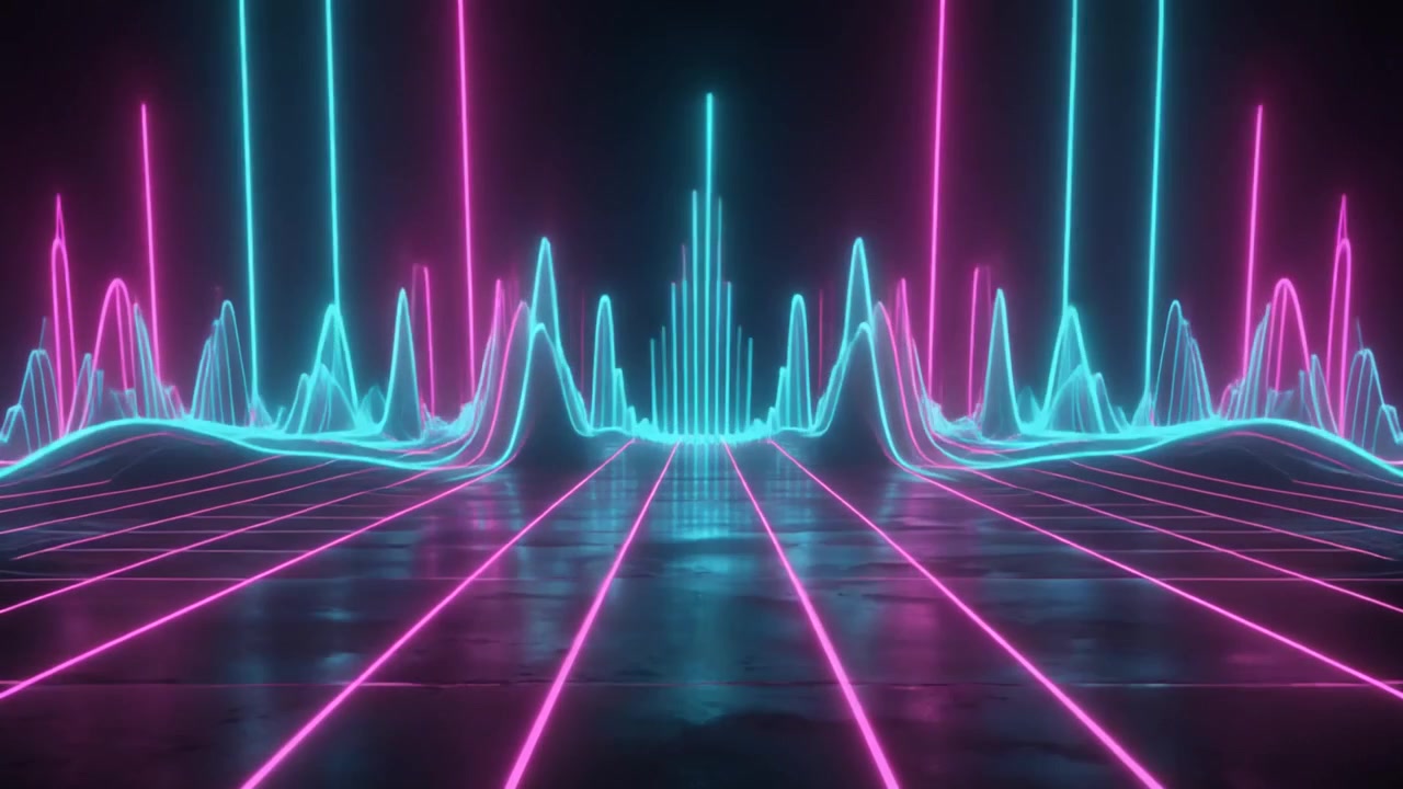 Onde Astratte di Luce al Neon che si Muovono su un Pavimento a Griglia