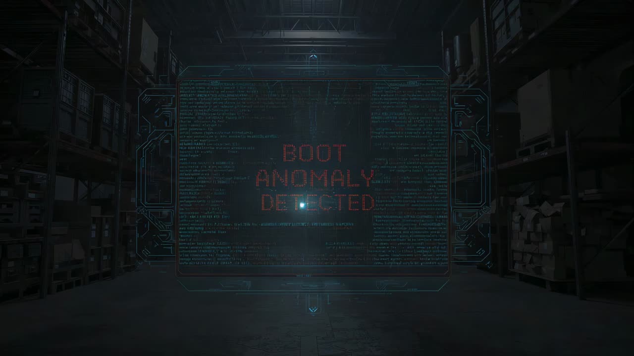 Flashing holographic panel displaying BOOT ANOMALY DETECTED in dim warehouse before rollup door