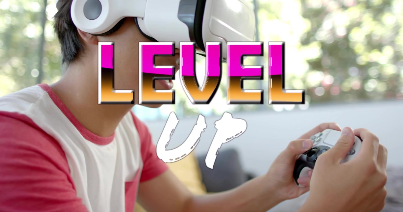 Mannelijke gamer met VR-headset drukt op knoppen terwijl een 'LEVEL UP'-afbeelding verschijnt om verder te komen in het spel.