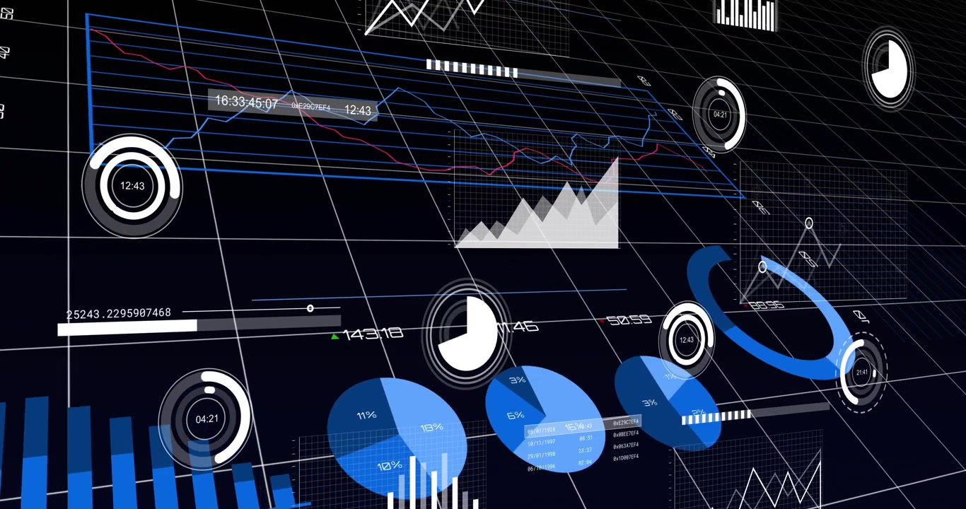 Virtual camera panning across 3D tech dashboard, revealing rotating pies, dials updating for data