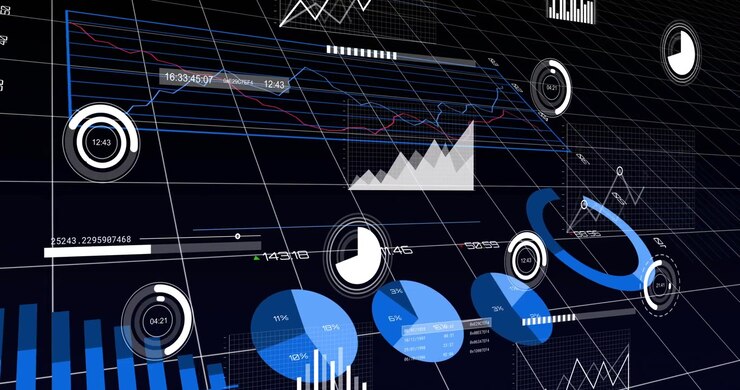 Virtual camera panning across 3D tech dashboard, revealing rotating pies, dials updating for data