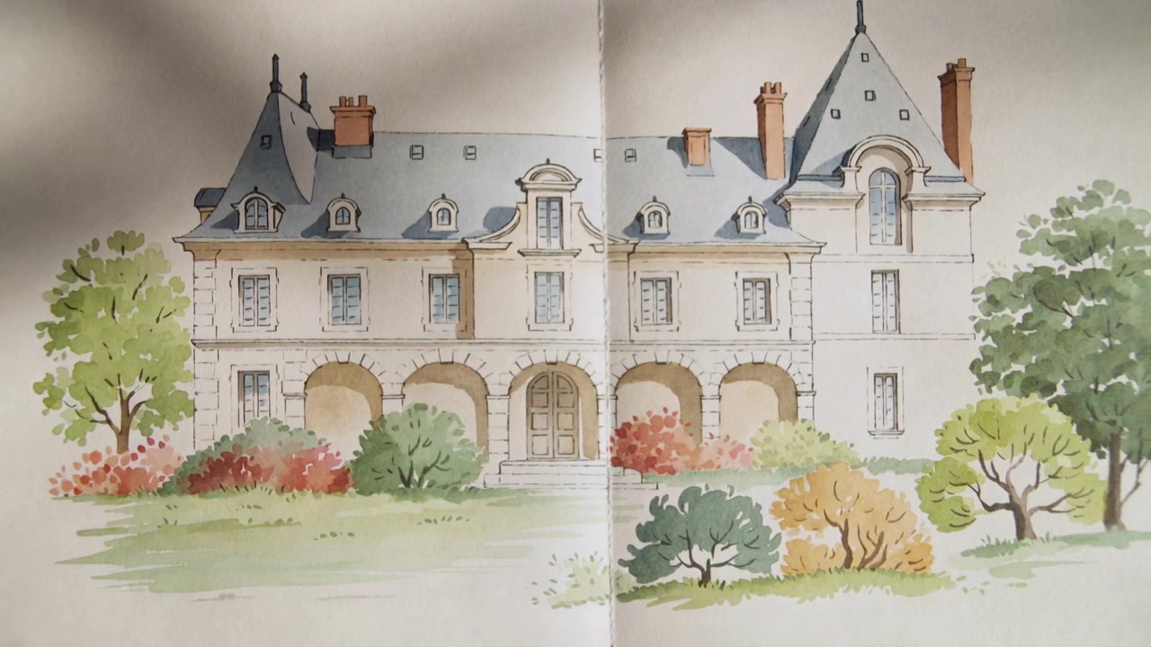 Lumière changeante éclairant un manoir à l'aquarelle dans un carnet de croquis posé sur une table, révélant un pli central.