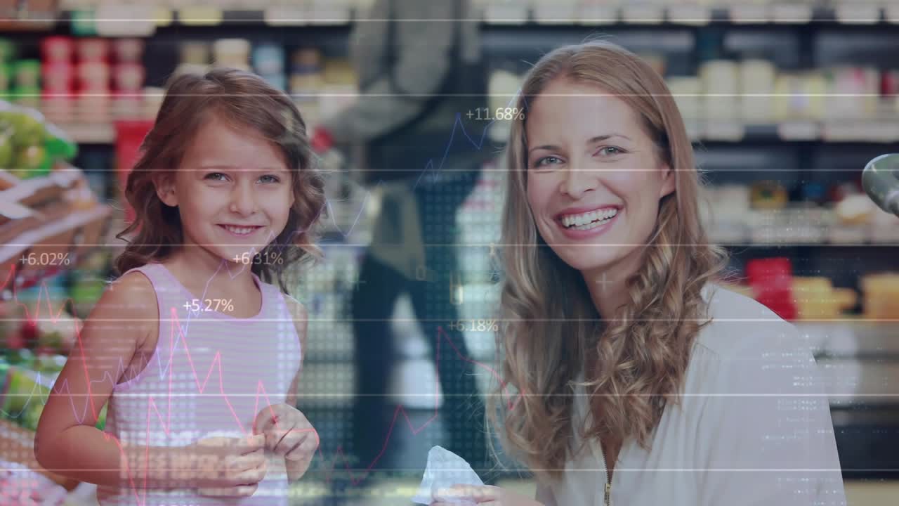 Mom and girl offering avocado in store, bagging it, HUD showing ripe, teaching, smiling camera