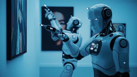 robotic art appreciation: a fascinating exploration of advanced robots engaged in analyzing and interpreting visual artworks in a modern gallery setting