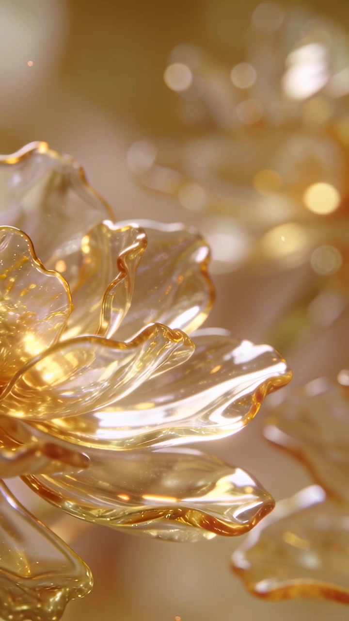Video verticale: Messa a fuoco che cambia causando una fioritura dorata traslucida che rivela petali in un set, con glitter