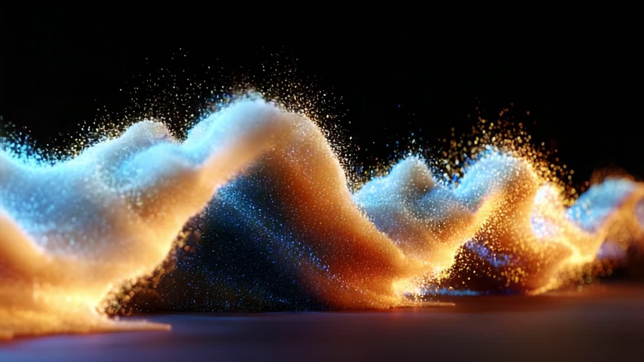 A mesmerizing visual representation of dynamic waves composed of shimmering particles, creating an enchanting dance of colors, light, and movement that captivates the observer's attention