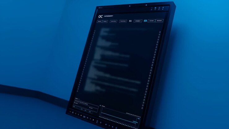 Ein großer Monitor zeigt ein digitales Dashboard in einem blau beleuchteten Raum