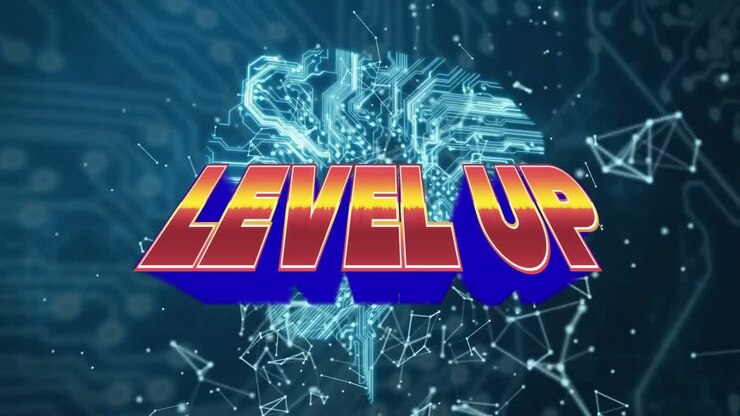Animazione di level up su globo, connessioni e luci su sfondo verde
