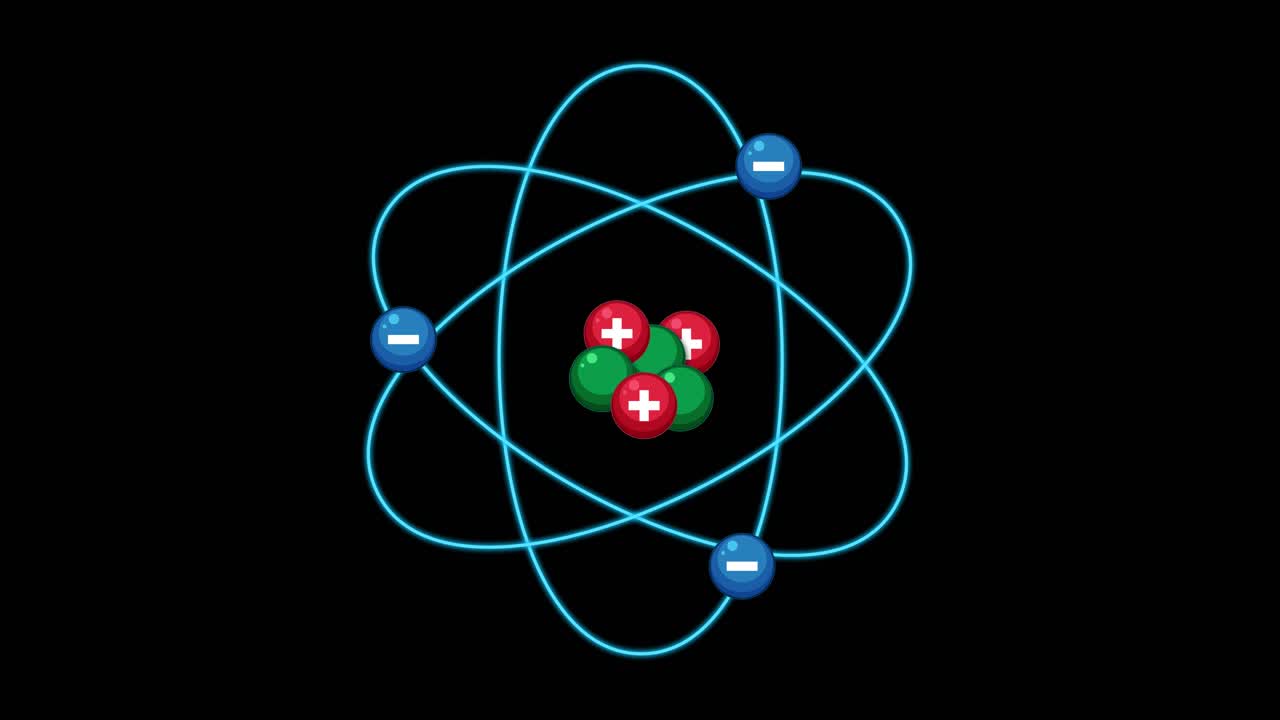 Atom structure animation showing electrons orbiting nucleus, smooth transitions, scientific style, black background