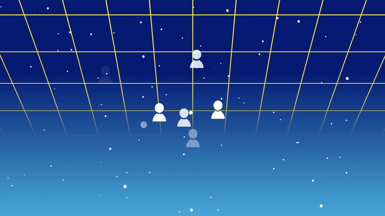 Floating white figures in blue space with stars, creating animation grid effect