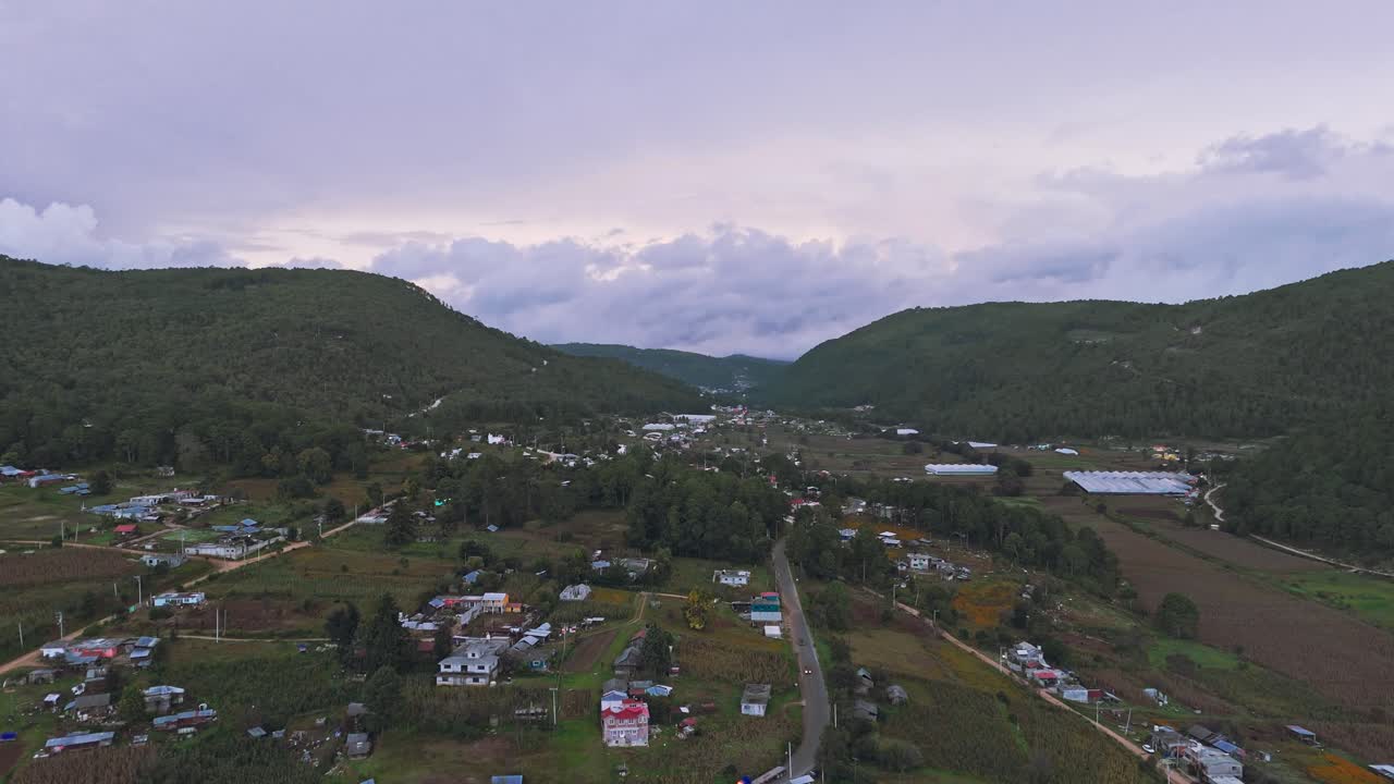 Hillside community in Chalcatongo, Oaxaca shown from above with scattered buildings