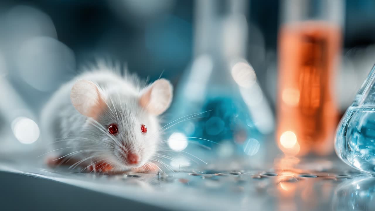 Close-Up of a Laboratory Mouse Surrounded by Colorful Glassware, Showcasing Experimental Research in a Scientific Setting with Bright Colors and Details